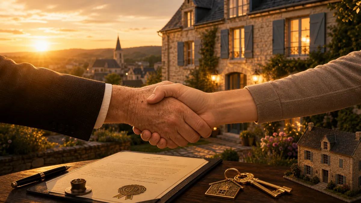 Le viager : une poignée de main entre générations devant une maison de village